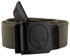 CEINTURE OLIVE BOUCLE TETE DE MORT 4CM X 130CM