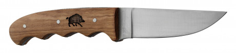 Photo LC3743-01 Couteau manche platane avec gravure sanglier et fourreau en cuir