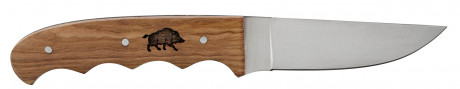 Photo LC3743-04 Couteau manche platane avec gravure sanglier et fourreau en cuir