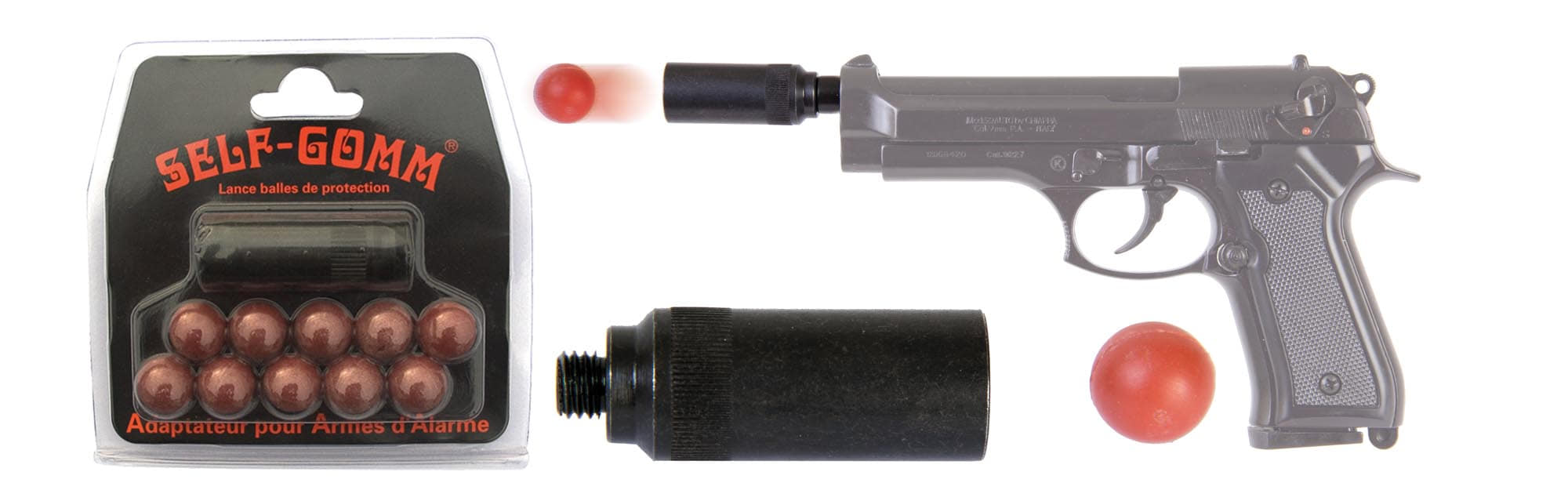 Adaptateur pour armes d'alarme + 10 projectiles Self Gomm calibre 18 mm